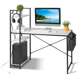 FCH 120*60*120cm Particleboard Paste Triamine H Type With Non-woven Bag USB Power Port Computer Desk White - as picture