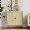 Mid-Century 2-Door Accent Chest;  Wood Storage Cabinet with Shelf and Fabric Covered Panels - Natural