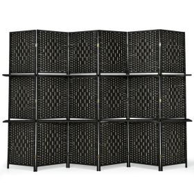 6 Panel Folding Weave Fiber Room Divider with 2 Display Shelves  - Black