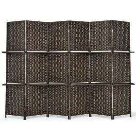 6 Panel Folding Weave Fiber Room Divider with 2 Display Shelves  - Brown