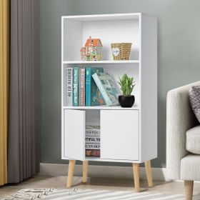 3 Shelf Standard Bookcase 2 Doors Corner Bookshelf White Bookshelves Cabinet Storage Organizer - White - MDF