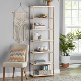 6-Shelf Gold Metal Frame Bookcase - White