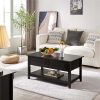 Wooden Lift Top Coffee Table with Hidden Storage and Bottom Shelf;  Black - Black