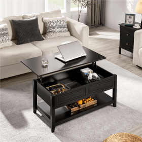 Wooden Lift Top Coffee Table with Hidden Storage and Bottom Shelf;  Black - Black