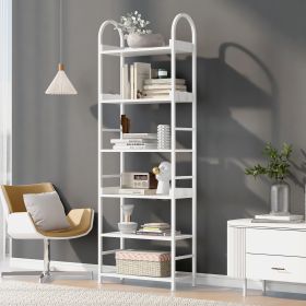 70.8 Inch Tall Bookshelf; 6-tier Shelves with Round Top Frame; MDF Boards; Adjustable Foot Pads; White - as Pic