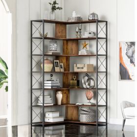 7-Tier Bookcase Home Office Bookshelf; L-Shaped Corner Bookcase with Metal Frame; Industrial Style Shelf with Open Storage; MDF Board - as Pic