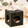 Rattan Cat Litter; Cat Bed with Rattan Ball and Cushion; Black - as Pic