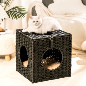 Rattan Cat Litter; Cat Bed with Rattan Ball and Cushion; Black - as Pic