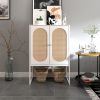 Natural Rattan 2 Door high cabinet; Built-in adjustable shelf; Easy Assembly; Free Standing Cabinet for Living Room Bedroom - White