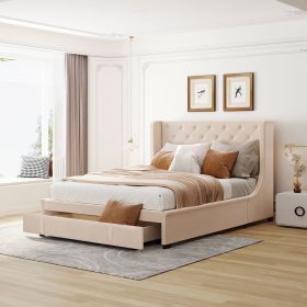 Queen Size Storage Bed Velvet Upholstered Platform Bed with Wingback Headboard and a Big Drawer (Beige) - pic