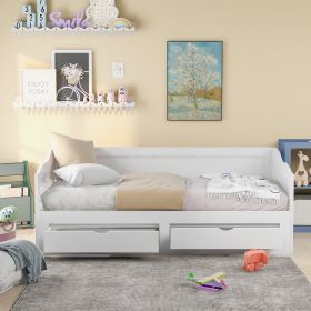 Wooden Daybed with Trundle Bed and Two Storage Drawers ; &nbsp;Extendable Bed Daybed; Sofa Bed with Two Drawers; White - pic