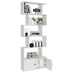 6-Tier S-Shaped Freestanding Bookshelf with Cabinet and Doors - White