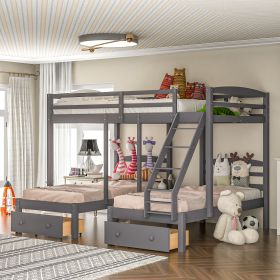 Full over Twin &amp; Twin Bunk Bed; Triple Bunk Bed with Drawers; Gray - as pic