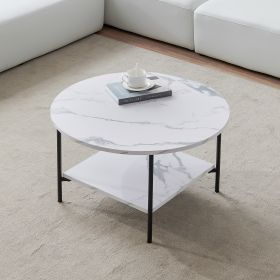 Modern Round coffee table with storage; Black metal frame with marble color top-31.5" - Black