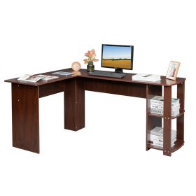 L-Shaped Wood Right-angle Computer Desk with Two-layer Bookshelves RT - Dark Brown