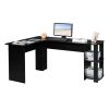 L-Shaped Wood Right-angle Computer Desk with Two-layer Bookshelves RT - Black