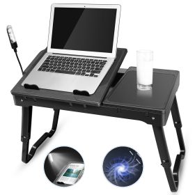 Foldable Laptop Table Bed Notebook Desk with Cooling Fan Mouse Board LED light 4 xUSB Ports Breakfast Snacking Tray  - Black