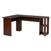 L-Shaped Wood Right-angle Computer Desk with Two-layer Bookshelves RT - Dark Brown