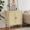 Mid-Century 2-Door Accent Chest;  Wood Storage Cabinet with Shelf and Fabric Covered Panels - Natural