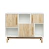 Multi-purpose storage cabinet with display stand and door; entrance channel; modern buffet or kitchen sideboard; TV cabinet; white and oak - as pic