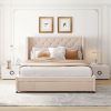 Queen Size Storage Bed Velvet Upholstered Platform Bed with Wingback Headboard and a Big Drawer (Beige) - pic