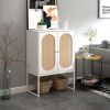 Natural Rattan 2 Door high cabinet; Built-in adjustable shelf; Easy Assembly; Free Standing Cabinet for Living Room Bedroom - White