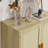 Mid-Century 2-Door Accent Chest;  Wood Storage Cabinet with Shelf and Fabric Covered Panels - Natural