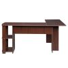 L-Shaped Wood Right-angle Computer Desk with Two-layer Bookshelves RT - Dark Brown