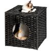 Rattan Cat Litter; Cat Bed with Rattan Ball and Cushion; Black - as Pic