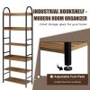 70.8 Inch Tall Bookshelf; 6-tier Shelves with Round Top Frame; MDF Boards; Adjustable Foot Pads; Brown - as Pic